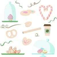 Set of icons with sweets, candies, cake, cupcake, maffin, donat and coffee in flat style. Illustration for pastry shop, bakery, coffee shop, cafe. Vector illustration.