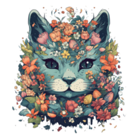 Illustration 2D cat with flower ai generate png