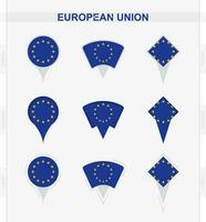 European Union flag, set of location pin icons of European Union flag. vector