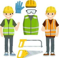 Repair and installation tools. Jigsaw, gloves, glasses, vest and helmet. Industrial safety. Maintenance service. Loggers and objects for sawing wood. vector