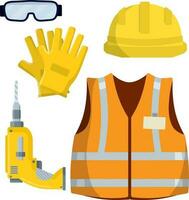 ropa y herramientas el trabajador y el constructor. naranja uniforme, guantes, perforar, gafas de protección y casco. industrial seguridad. equipo artículos y objetos. tipo de profesión. dibujos animados plano ilustración vector