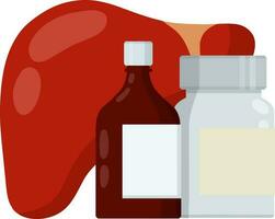 Liver and packaging of medications. Treatment of Internal organ of person. Bottle with pills and drug. Health and pharmacy. Cartoon flat illustration. Prevention of cirrhosis and hepatitis vector