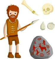 Primitive caveman. Prehistoric hunter. Stone age. Man with spear. Tribal items. Concept of history and archeology. Cartoon flat. Bone and skull vector