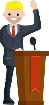 Man in the suit stay behind podium. Presidential election. Political debate. Lecturer in class. The speaker is talking. Dialogue businessman. Cartoon flat illustration