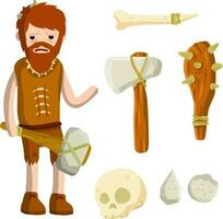 Primitive caveman. Prehistoric hunter. Stone age. Man with bow and arrow. Tribal items. Concept of history and archeology. Cartoon flat. Spear and skull vector