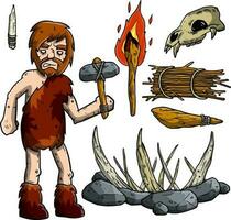 Cave primitive man and weapons. Set of items for hunting. A stone axe, a stick, a trap for the mammoth, torch, skull of the animal vector