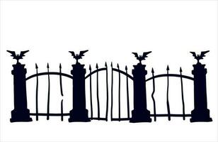 Old fence of cemetery. Halloween decoration. Black silhouette of gloomy wall. Flat illustration isolated on white vector