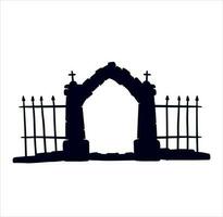 Old fence of cemetery. Halloween decoration. Black silhouette of gloomy wall. Flat illustration isolated on white vector