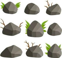 Set of stones for the background. Forest and mountain environment. Gray cobblestone with moss and grass. Granite on white background vector