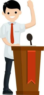 Man in the suit stay behind podium. Presidential election. Political debate. Lecturer in class. The speaker is talking. Dialogue businessman. Cartoon flat illustration