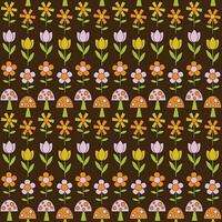 mushroom and flower mod seamless pattern on brown background vector