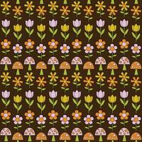 mushroom and flower mod seamless pattern on brown background vector
