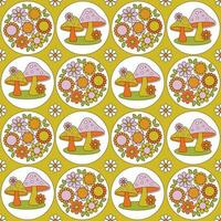 mushroom and flower circles seamless pattern on yellow background vector