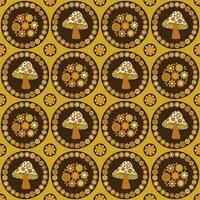 pretty mushroom and flower circles seamless pattern on yellow background vector