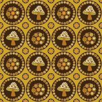 pretty mushroom and flower circles seamless pattern on yellow background vector