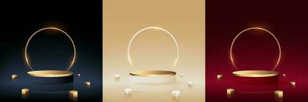 Luxury 3d set of gold podium with circle ring background or round stage with cube minimal wall scene for mockup products display showcase. vector