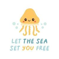 Sea life lettering quote decorated with cute cartoon doodles. Nursery sea poster, print, card, kids apparel decor, sticker. EPS 10. Vector illustration