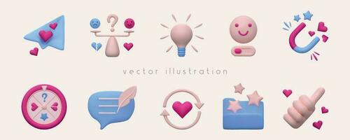 Big set of vector 3d render isolated illustrations. Feedback and review icons for sicial media, banners, web design