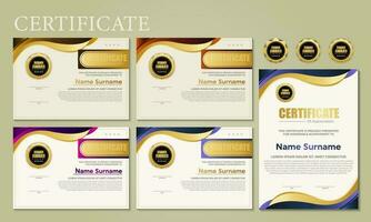 Award template certificate, gold color and blue gradient. Contains a modern certificate with a gold badge. vector