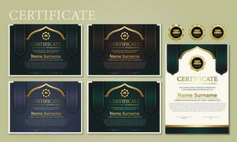 Award template certificate, gold color and blue gradient. Contains a modern certificate with a gold badge. vector