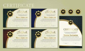 Award template certificate, gold color and blue gradient. Contains a modern certificate with a gold badge. vector