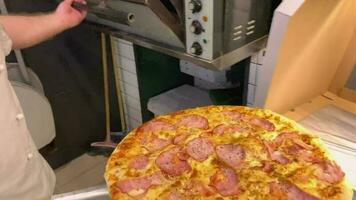 Pizza haciendo de proceso. poniendo a el horno. horneando Pizza en restaurante. italiano comida desde rascar. video