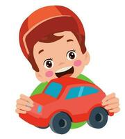 A boy holding a toy car and a red toy car vector