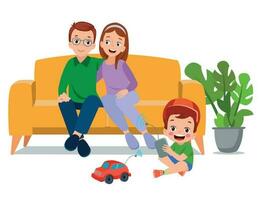 A boy sits on a couch with his parents and a car. vector