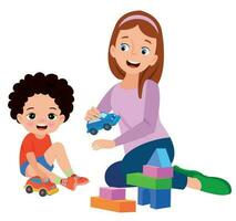 A mother and her son playing with blocks and a car. vector