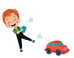 A boy playing with a red car and a car with a sticker on it. vector