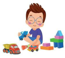 A boy playing with toy cars and a house made of blocks. vector