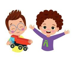 Two little boys playing with a red truck. vector