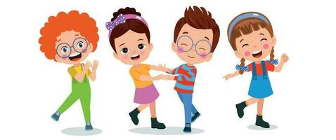 A cartoon of children holding hands and dancing. vector