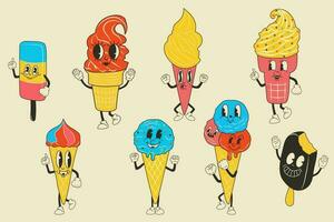 Set of Cute Cartoon Ice cream character. Happy and cheerful emotions. Old animation 60s 70s, funny cartoon characters. Trendy illustration in retro style. vector