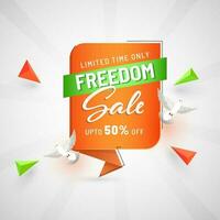 Freedom Sale Poster Design With Discount Offer, Doves Flying And 3D Triangle Element On White Rays Background. vector