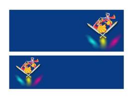 Illustration Of Lord Krishna And Radha Performing Classical Dance On Blue Background In Two Options. Social Media Header Or Banner Design. vector