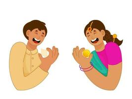 Cheerful Young Boy And Girl Holding Sweets On White Background. vector