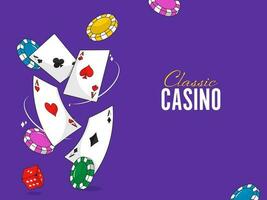 clásico casino póster diseño con jugando tarjetas, 3d póker papas fritas y dados en púrpura antecedentes. vector