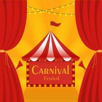 Carnival Festival Text In Marquee Frame With Circus Tent Awning And Red Curtains On Golden Background. vector