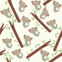 Seamless Pattern Of Cartoon Elephant Face And Tree Branch On Pastel Yellow Background. vector