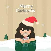 Merry Christmas And New Year Concept With Young Girl Holding Snow Globe On Brown And White Snowy Background. vector