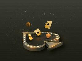 3D Marquee Casino Spade Frame With Golden Playing Cards, Dice And Particles On Black Background. vector