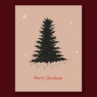 Merry Christmas Greeting Card With Fir Tree Illustration On Beige Background. vector