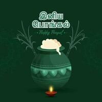 Sticker Style Happy Pongal Font In Tamil Language With Mud Pot Full Of Traditional Dish, Lit Oil Lamp And Sugarcane On Green Mandala Background. vector