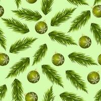 Seamless Pattern Of Fir Leaves And Baubles On Green Background. vector