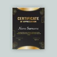 Certificate Of Appreciation Template Design In Black And Golden Color. vector