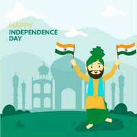Cheerful Punjabi Man Holding Indian Flags With Silhouette Taj Mahal On Green Background For Happy Independence Day Celebration. vector