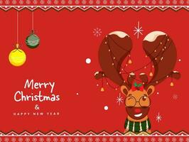 Merry Christmas And New Year Concept With Winking Reindeer And Baubles Hang On Red Background. vector