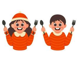 Cheerful Kids Holding Spoon And Fork On White Background. vector