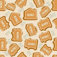 Seamless Pattern Of HO HO Text With Gingerbread House And Beer Mug On Gray Background. vector